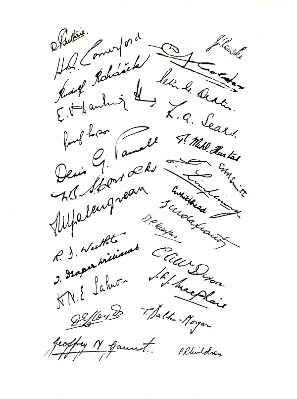 Signature sheet showing signatures for some of The Few